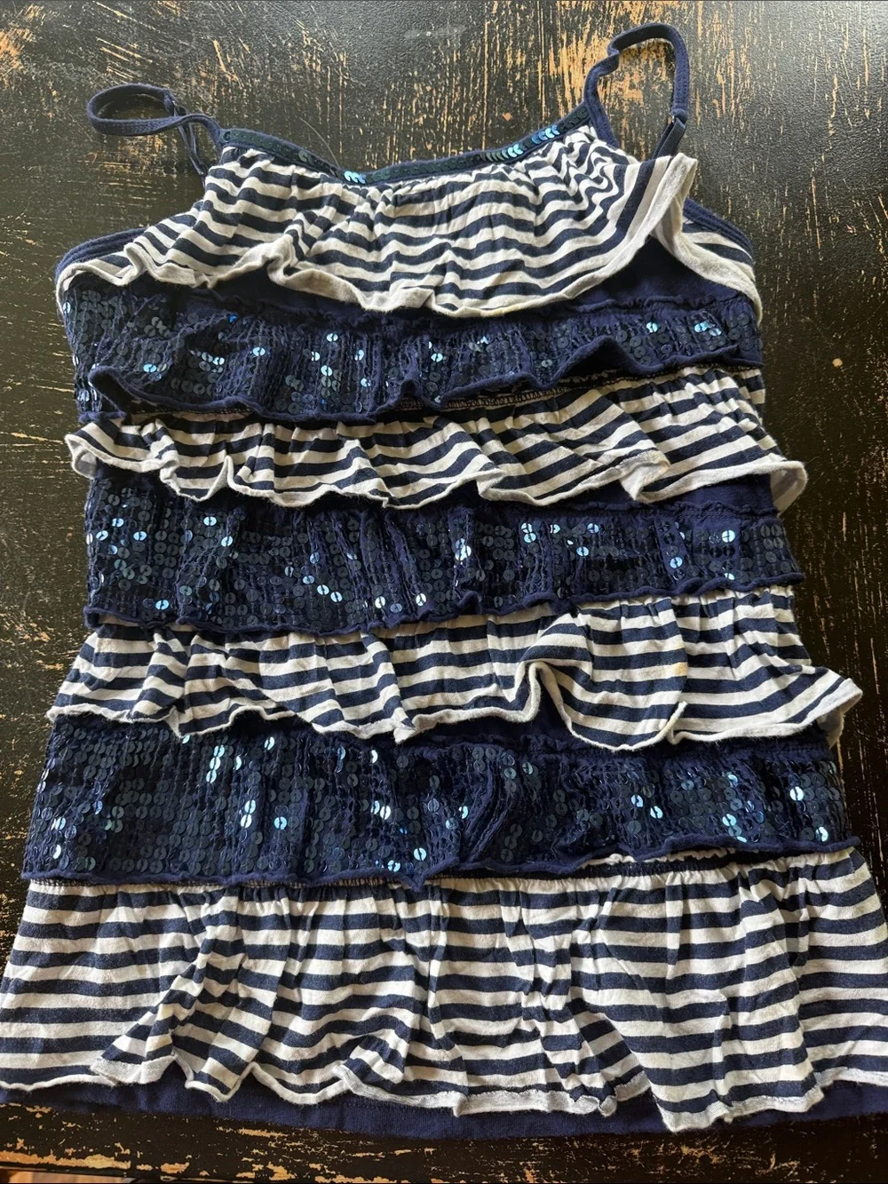 Justice Navy and White Striped Ruffle Sequin tank top